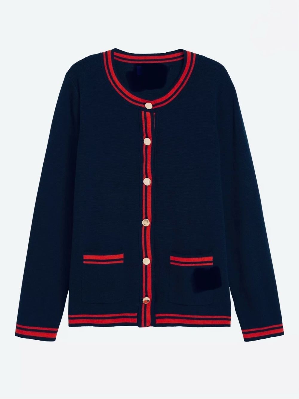 EMERSON LANG Young Contemporary Cropped Crewneck Knit Cardigan, navy, red, gold